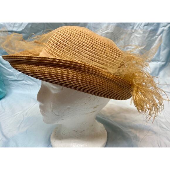 Luci Ames Handcraft Tan Wicker Hat w Ostrich Hat - Picture 6 of 13